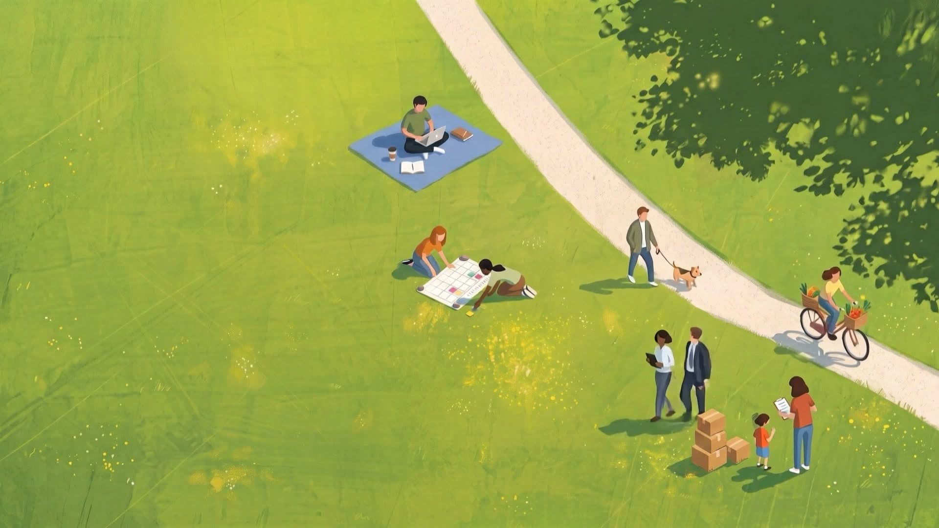A sunlit park seen from above, crossed by a winding path. People work on a laptop on a blanket, plan with a calendar and sticky notes, walk a dog, cycle home with groceries, talk shop on a stroll and tick off a checklist beside moving boxes.